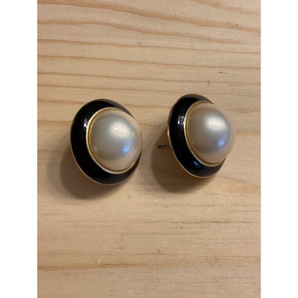 Vintage Post Back Pierced Earrings With Faux Pearls & Black Enamel Accents - Picture 2 of 4